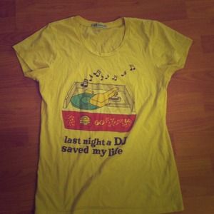 Yellow "last night a dj saved my life" shirt