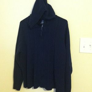 Cable net cardigan. Zip front with hood. Navy blue