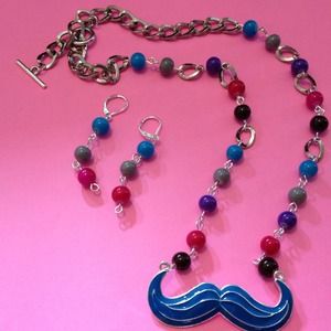 Blue mustache necklace w/earrings