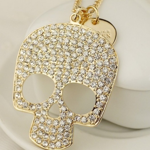"GOLDTONE BLING " SKULL" NECKLACE WITH CHAIN - Picture 3 of 4