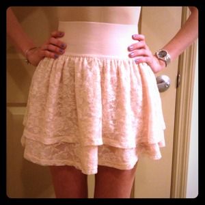 Pink, high waisted lace skirt