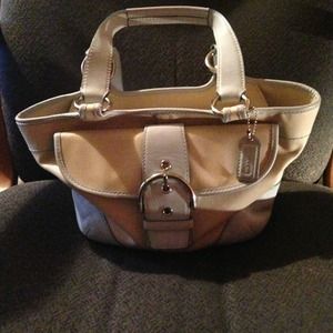 Tan and light blue small coach purse
