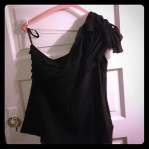 One shoulder black silk BCBG top.