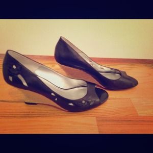 Anne Klein black peep toe wedges size 7