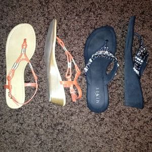 Tan and orange sandals / black jeweled sandals.