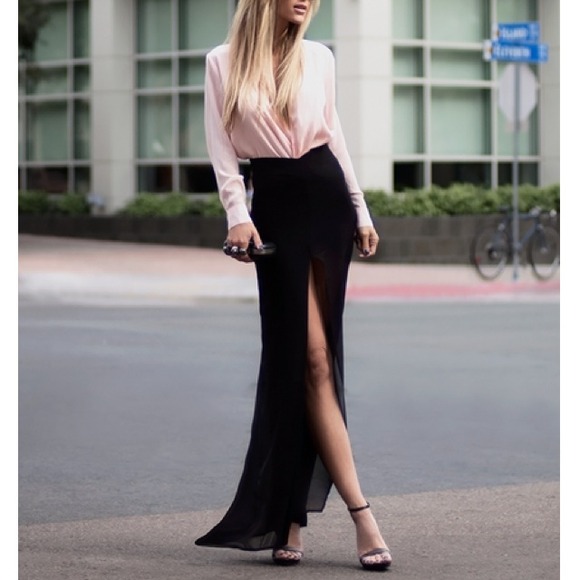 Black asymmetrical chiffon maxi skirt
