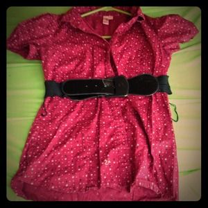 Red puffy sleeved button-down shirt