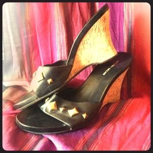 Classy black leather cork wedges
