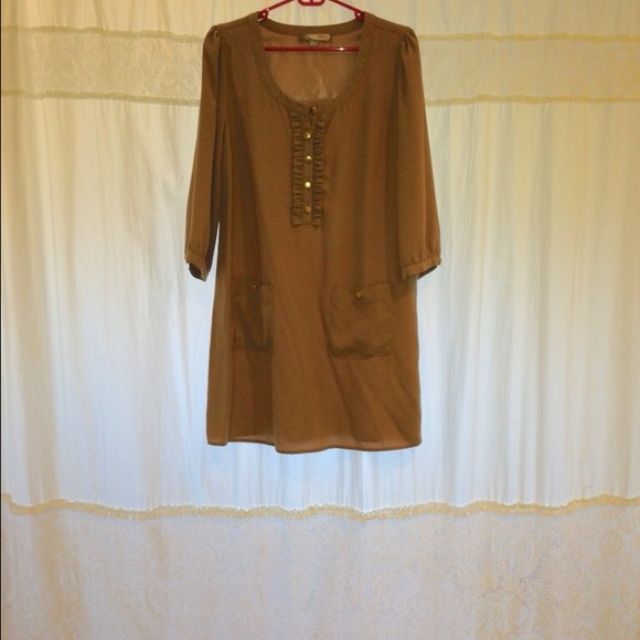 Dresses & Skirts - Tan Shift Dress with Ruffle Detail