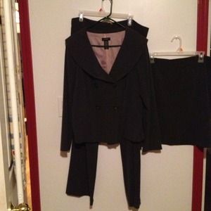 Skirt and pant suit with double breasted jacket