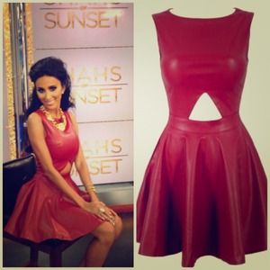 Red faux leather cut out dress