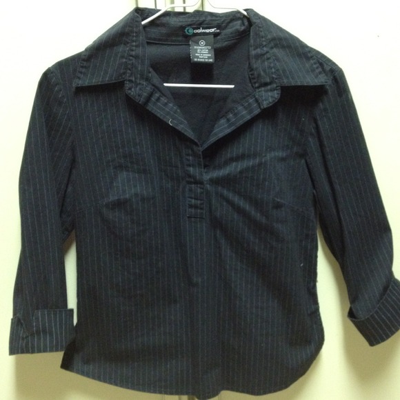 Black collared pinstriped shirt with 3/4 sleeves