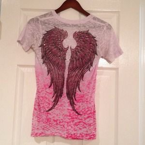 Hot Pink Embellished Burn Out Tee with Wings