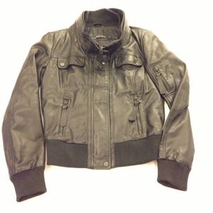 Zara Basic leather bomber jacket, black, M