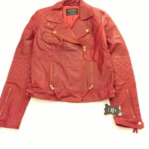 Zara TRF leather jacket, distressed cranberry, M