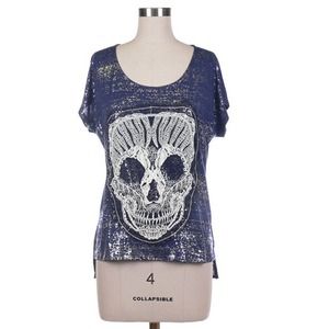 Metallic printed with skull crochet trim top