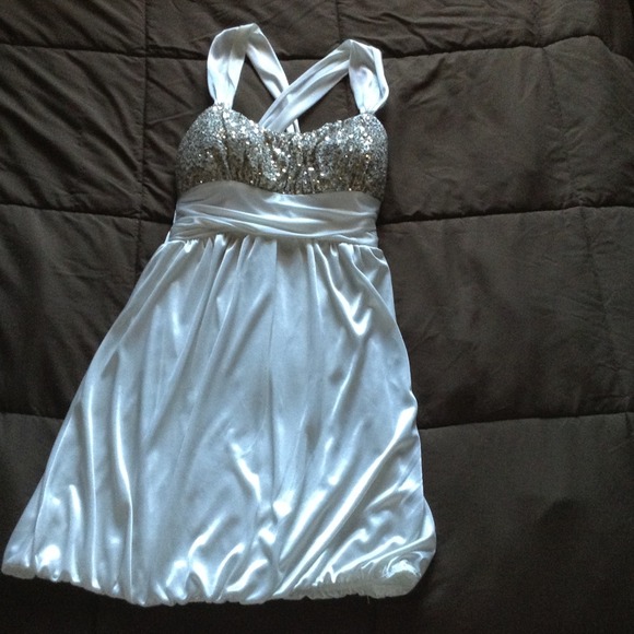 Ivory satin formal/party dress with gold sequins.