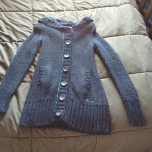 Long Billabong button down sweater with hood.