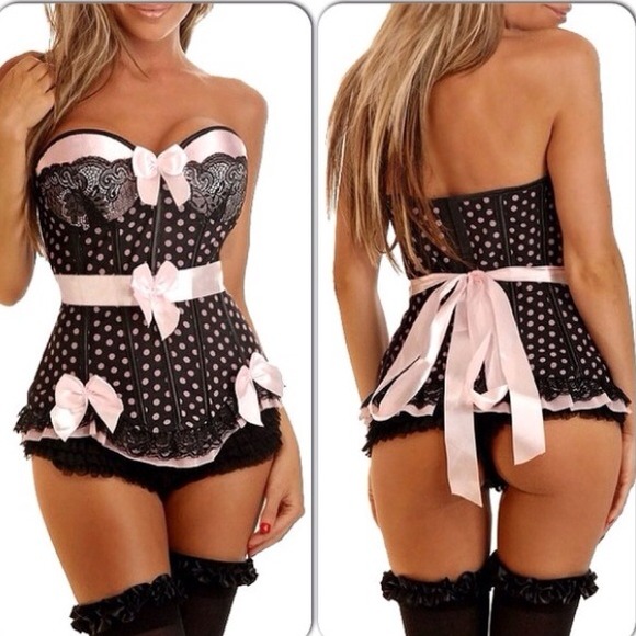 New! Strapless Polka Dot Belted Corset. Size Medium Pink Black - Picture 1 of 2