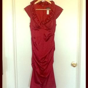 Seductive Deep Red Dress w Ruffle Deep V neck