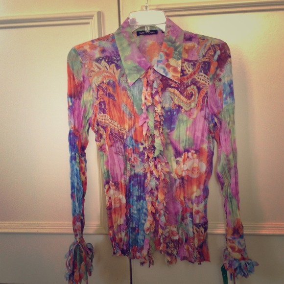 Multi colored button down blouse with many details