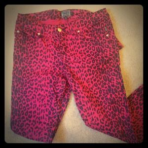 Magenta leopard print skinny jeans