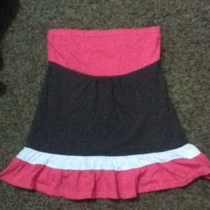 pink brown and white strapless shirt