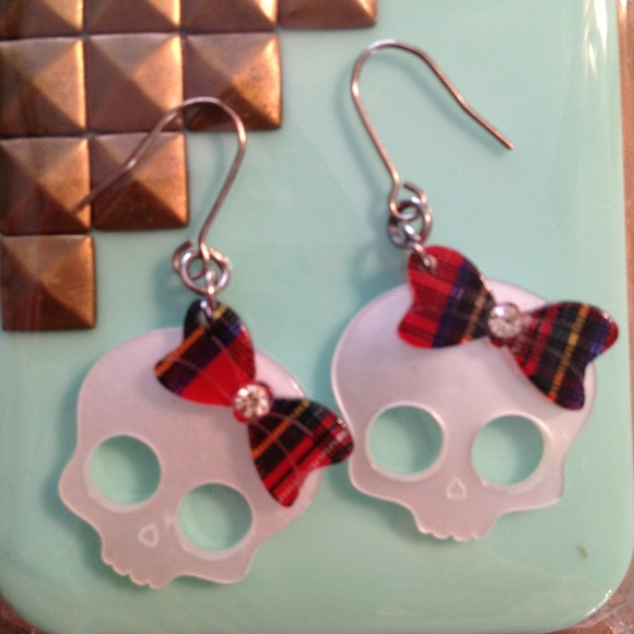 Skull Earrings Plaid Bows