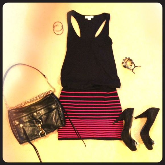 Black with hot pink strips tight mini skirt. Small