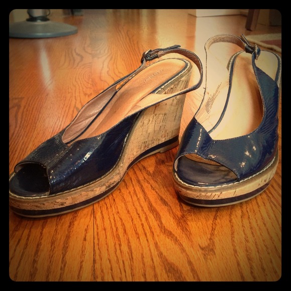 ON Navy Blue Patent Leather Sling-back Wedges