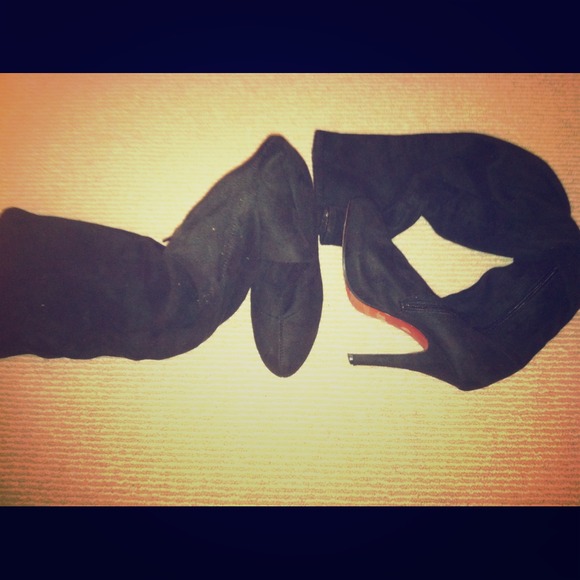 Black suede thigh high red soul boots