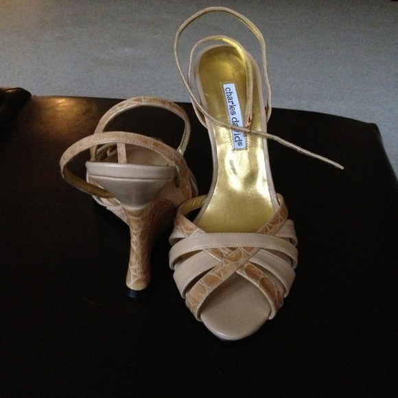 Camel leather ankle wrap wedge sandal