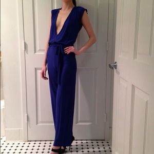 Blue deep v jumpsuit