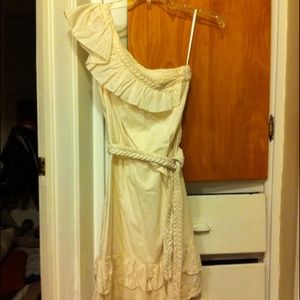 Cream belted one shoulder dress