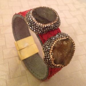 Leather cuff double stone bracelet