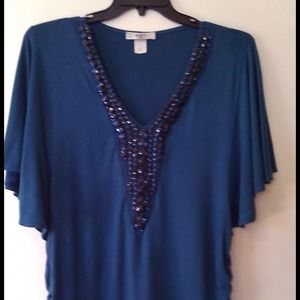 Turquoise Jersey knit top with chunky beads