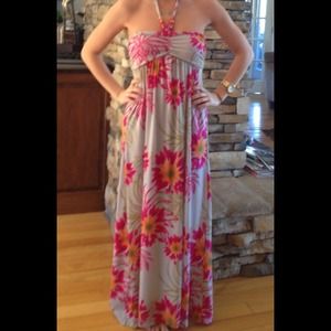 Floral maxi dress long M beaded blue pink green