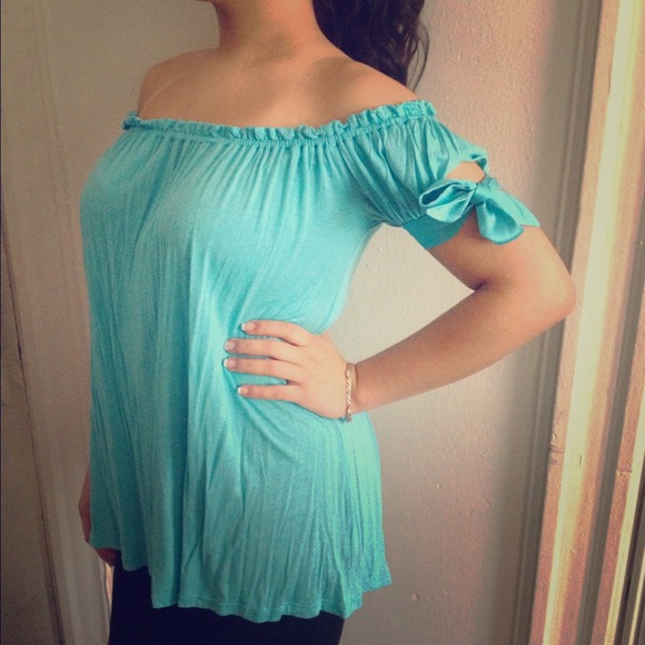 Arden B. turquoise silk shirt.
