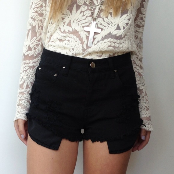 Denim - Black High-Waisted Distressed Shorts with Studs
