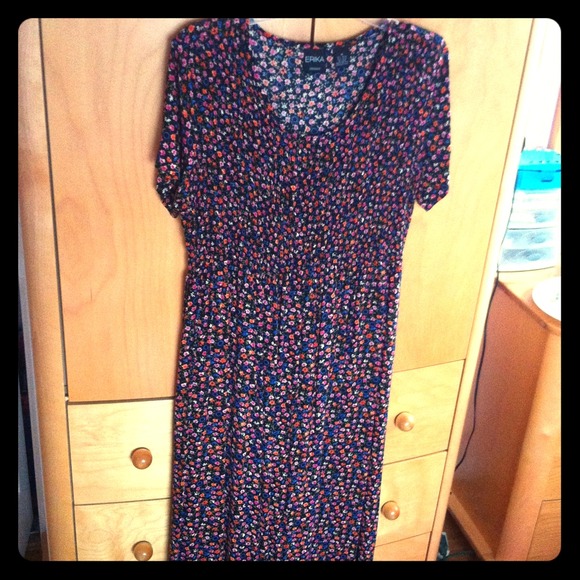 Vintage flower black short sleeve maxi dress