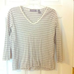 gray and white striped ruffle neck long sleeve top