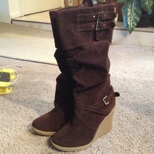 Dark brown high wedges boots