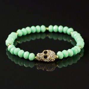 Mint Green Beaded Stretch Bracelet with Pave Skull