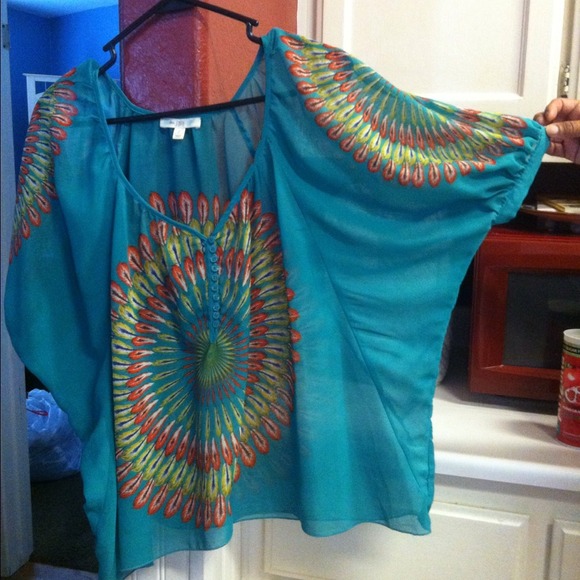 💚Sheer green feather print blouse 💚 - Picture 3 of 4