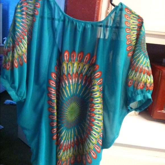 💚Sheer green feather print blouse 💚 - Picture 4 of 4