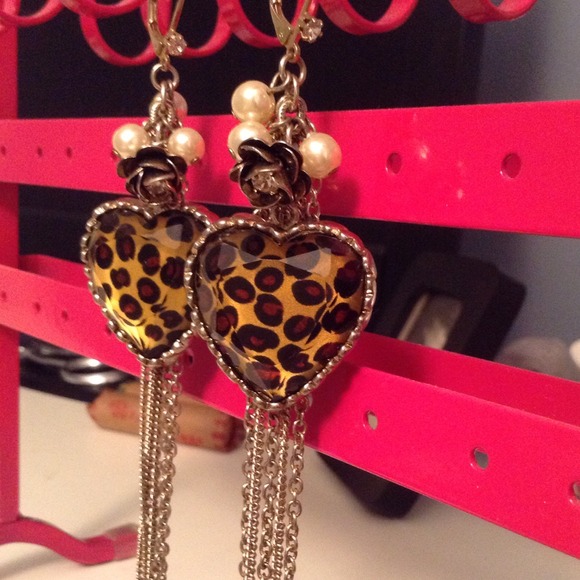 Betsey Johnson leopard print heart earrings