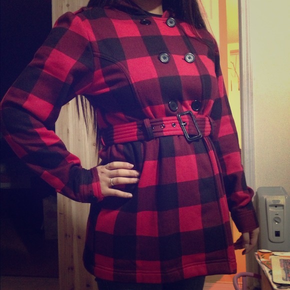 Red plaid/checkered hooded peacoat jacket 🎀