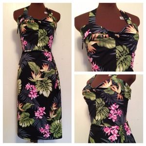 Vintage pinup Shaheen styl Hawaiian halter dress L