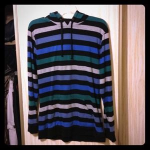 Blue, teal, and grey pullover sweater.