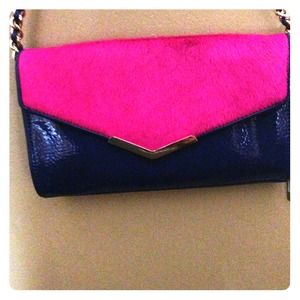 Gianni Bini blue patent and pink fur purse.